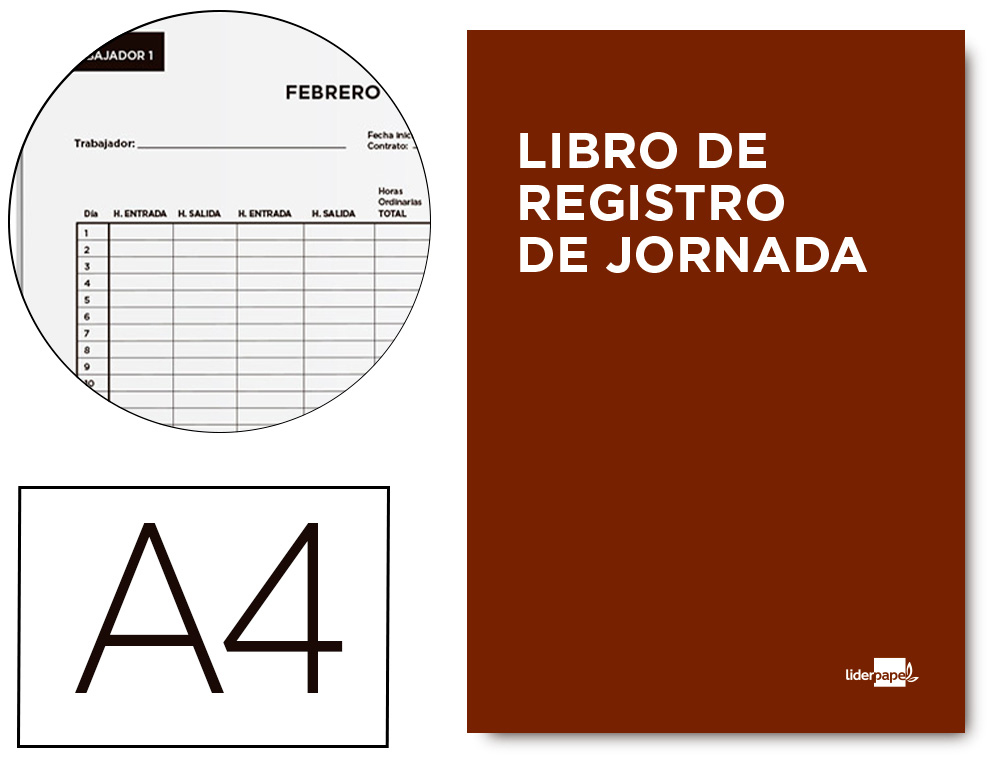 LIBRO LIDERPAPEL REGISTRO DE JORNADA EMPLEADOS A4 10 EMPLEADOS MES PAGINA PAPEL BLANCO 90 G