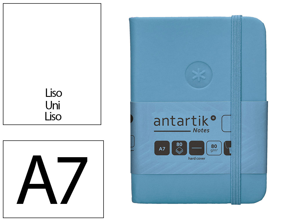 CUADERNO CON GOMILLA ANTARTIK NOTES TAPA DURA A7 HOJAS LISAS AZUL CLARO 80 HOJAS 80 GR FSC