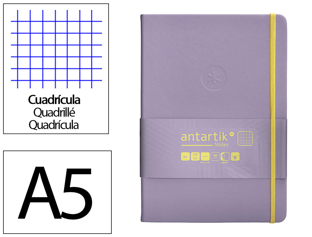 CUADERNO CON GOMILLA ANTARTIK NOTES TAPA DURA A5 HOJAS CUADRICULA MORADO Y AMARILLO 100 HOJAS 80 GR FSC