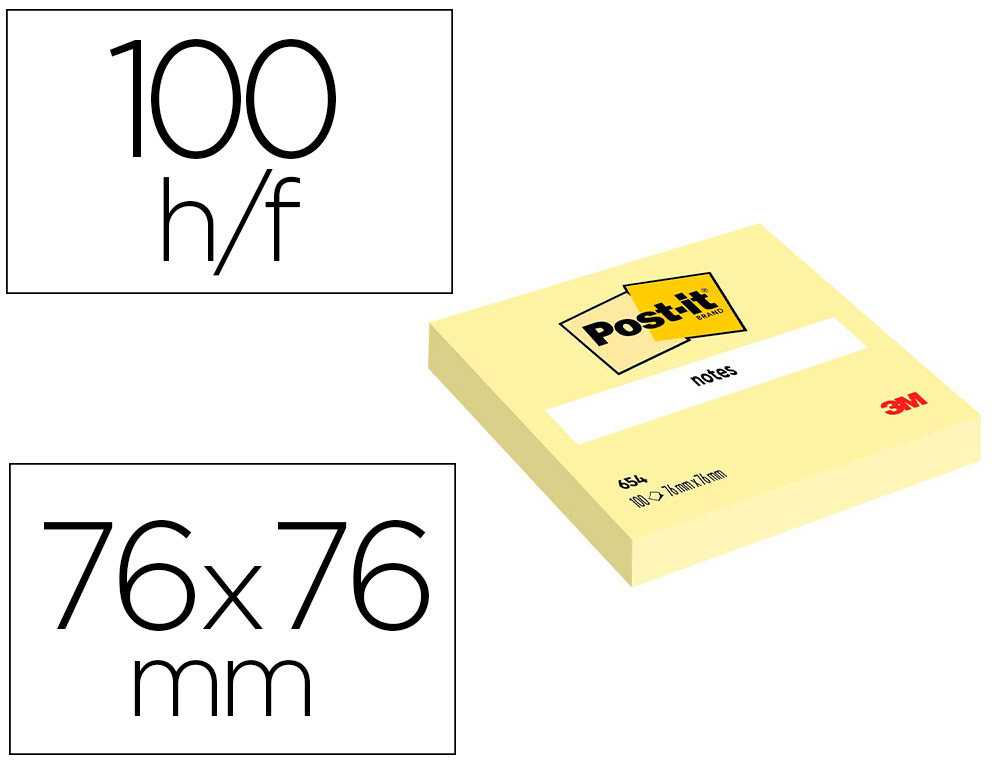 BLOC DE NOTAS ADHESIVAS QUITA Y PON POST-IT 76X76 MM 100 HOJAS AMARILLO CANARIO RETRACTILADO INDIVIDUALMENTE