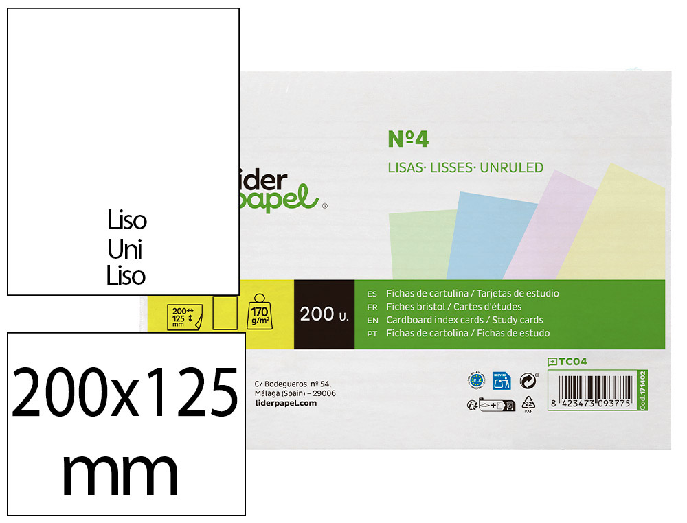 TARJETA LIDERPAPEL PARA ESTUDIAR LISA CARTULINA DE COLORES 170 GR/M2 125X200MM PAQUETE DE 200 UNIDADES