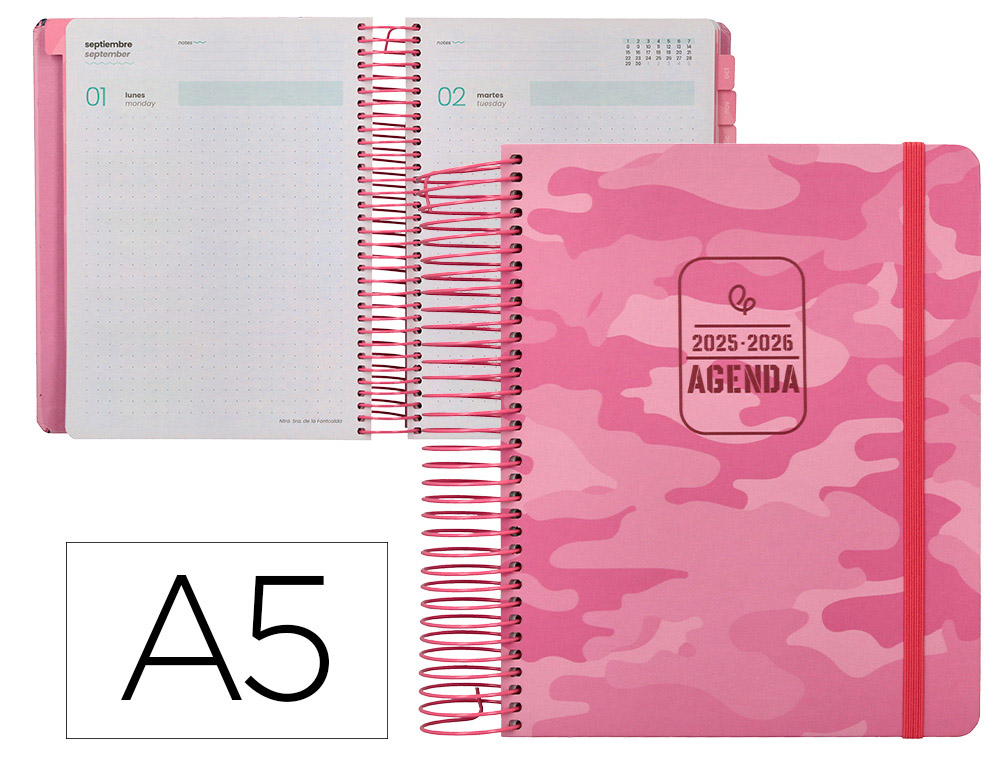 AGENDA ESCOLAR LIDERPAPEL 25-26 ESPIRAL PATTERNS MILITAR ROSA DIA PAGINA A5 BILINGÜE PAPEL FSC 80 GR