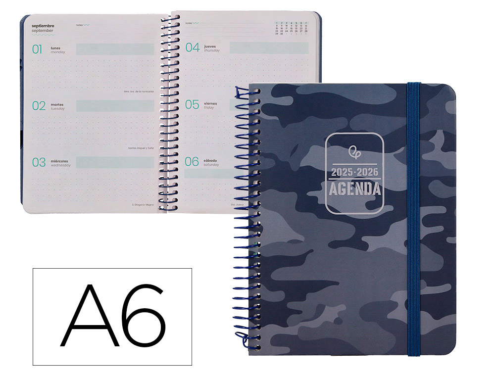 AGENDA ESCOLAR LIDERPAPEL 25-26 ESPIRAL PATTERNS MILITAR GRIS SEMANA VISTA A6 BILINGE PAPEL FSC 80 GR