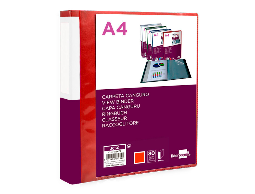 CARPETA LIDERPAPEL 80 FUNDAS CANGURO PP DIN A4 ROJO TRANSLUCIDO PORTADA Y LOMO PERSONALIZABLE