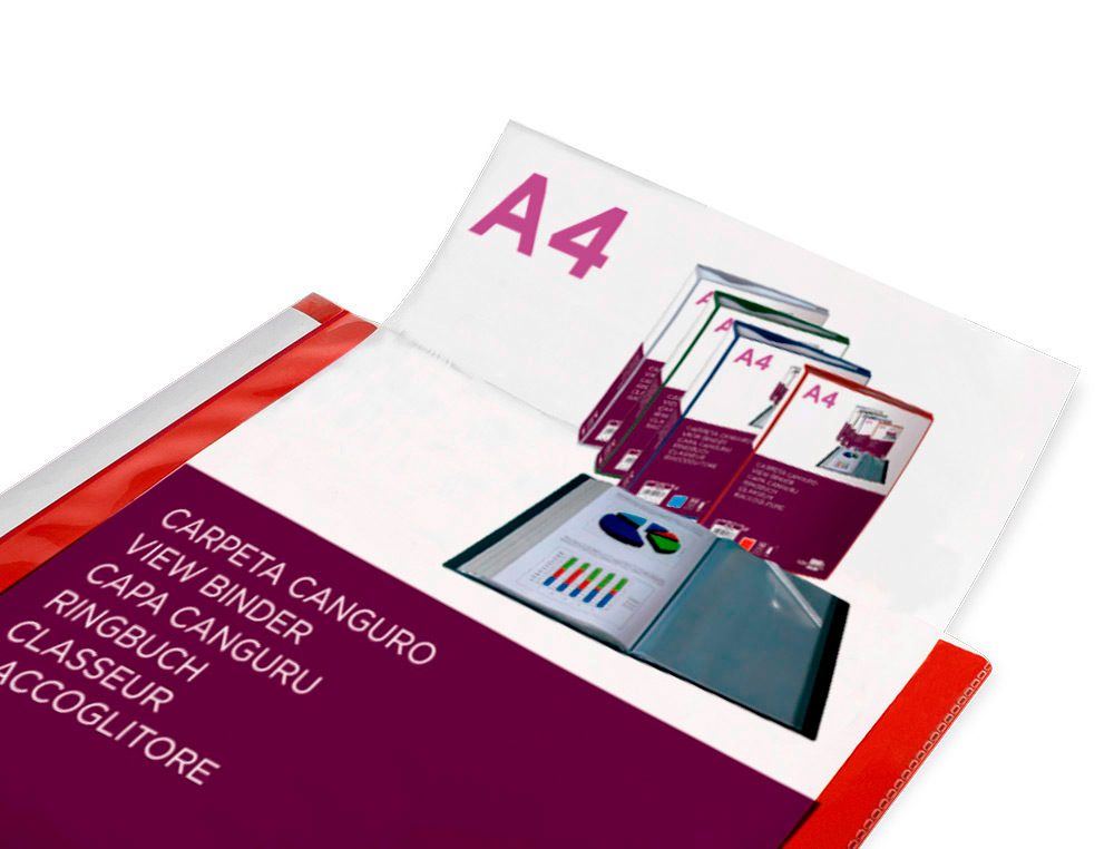 CARPETA LIDERPAPEL 80 FUNDAS CANGURO PP DIN A4 ROJO TRANSLUCIDO PORTADA Y LOMO PERSONALIZABLE