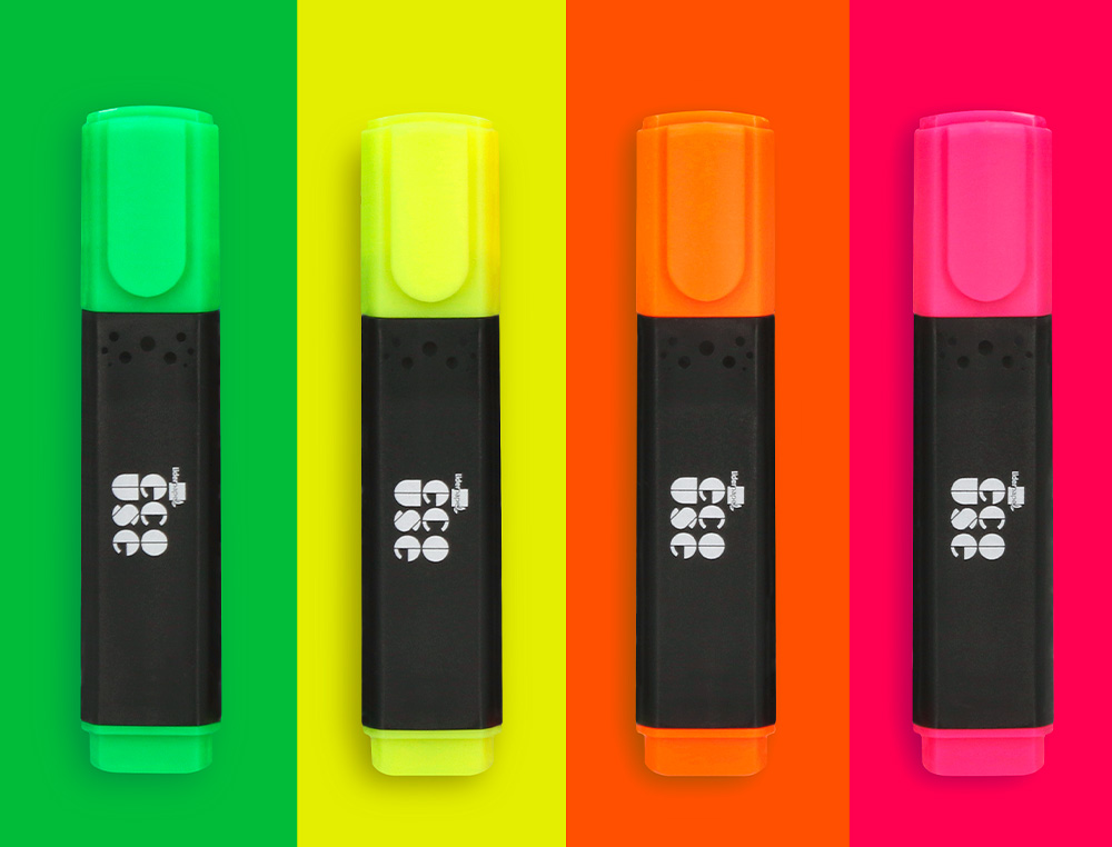 ROTULADOR LIDERPAPEL ECOUSE FLUORESCENTE FABRICADO CON 68% PLASTICO RECICLADO CAJA DE 4 UNIDADES COLORES SURTIDOS