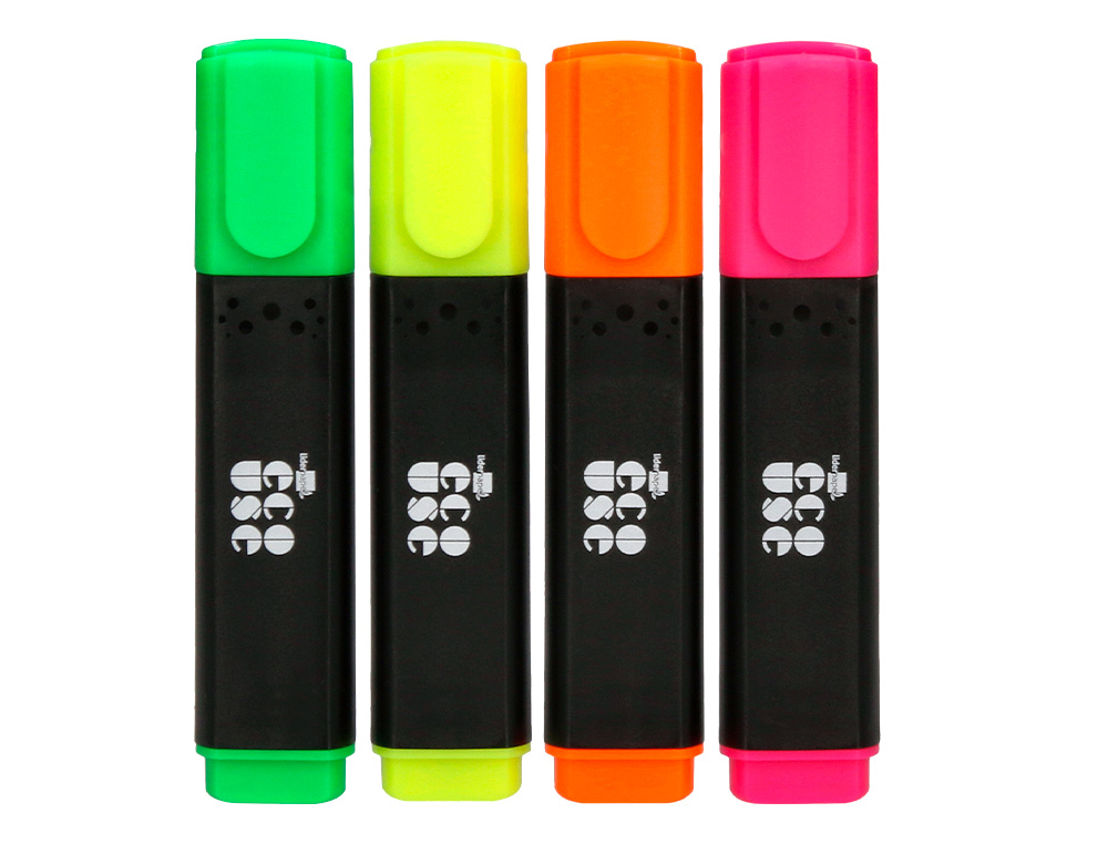 ROTULADOR LIDERPAPEL ECOUSE FLUORESCENTE FABRICADO CON 68% PLASTICO RECICLADO CAJA DE 4 UNIDADES COLORES SURTIDOS