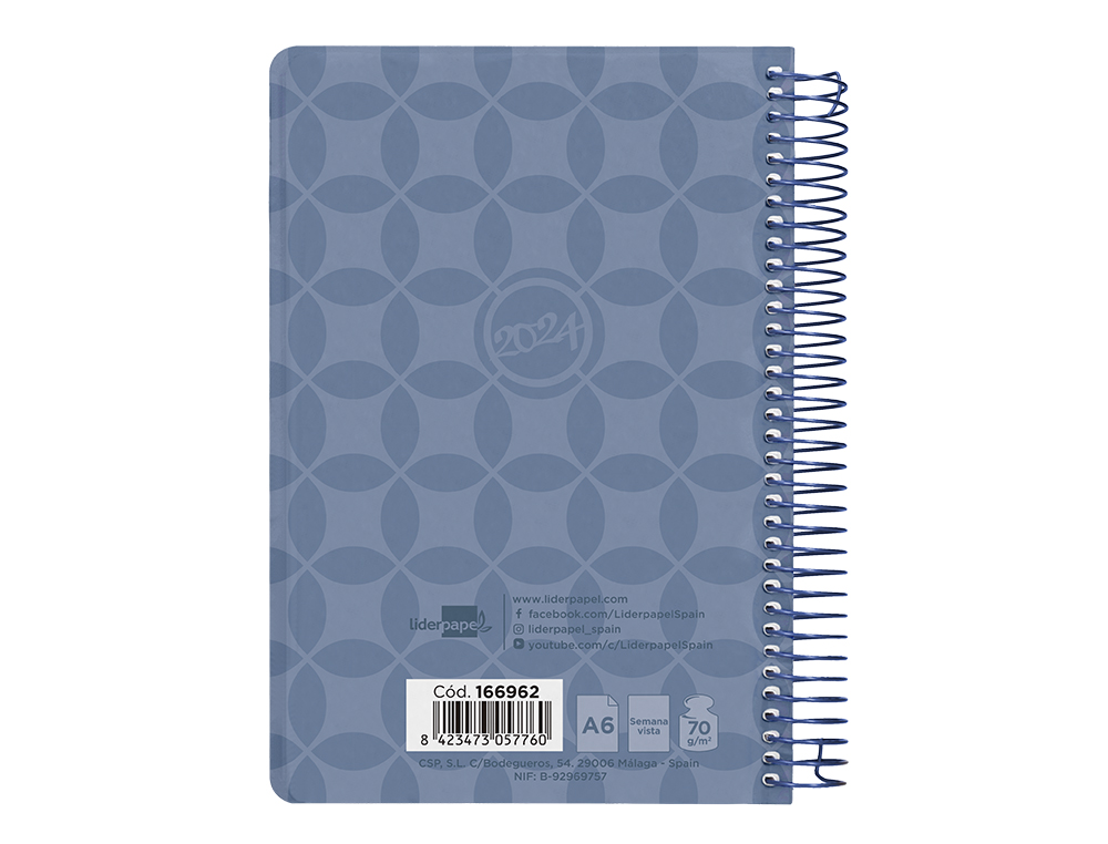 AGENDA ESPIRAL LIDERPAPEL CLASSIC A6 2024 SEMANA VISTA PORTADA POLIPROPILENO PAPEL 70 GR COLOR AZUL