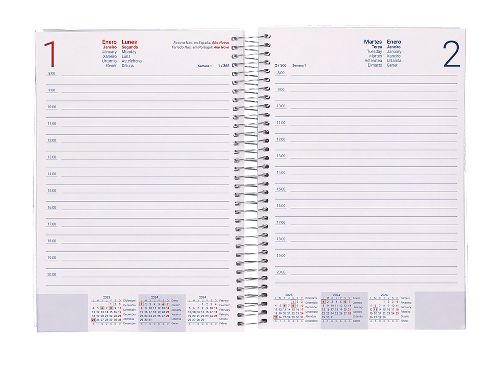 AGENDA ESPIRAL LIDERPAPEL TINOS A5 2024 DIA PAGINA PORTADA POLIPROPILENO PERSONALIZABLE PAPEL 70 GR