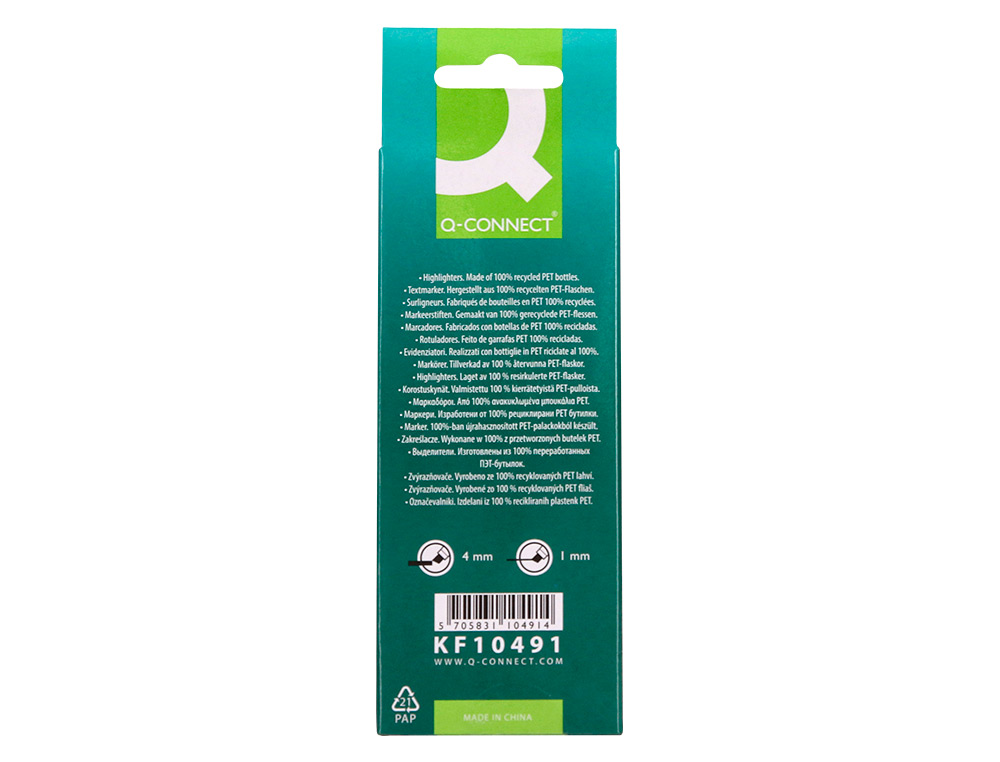 ROTULADOR Q-CONNECT FLUORESCENTE PUNTA BISELADA FABRICADO PET RECICLADO CAJA DE 4 UNIDADES COLORES SURTIDOS