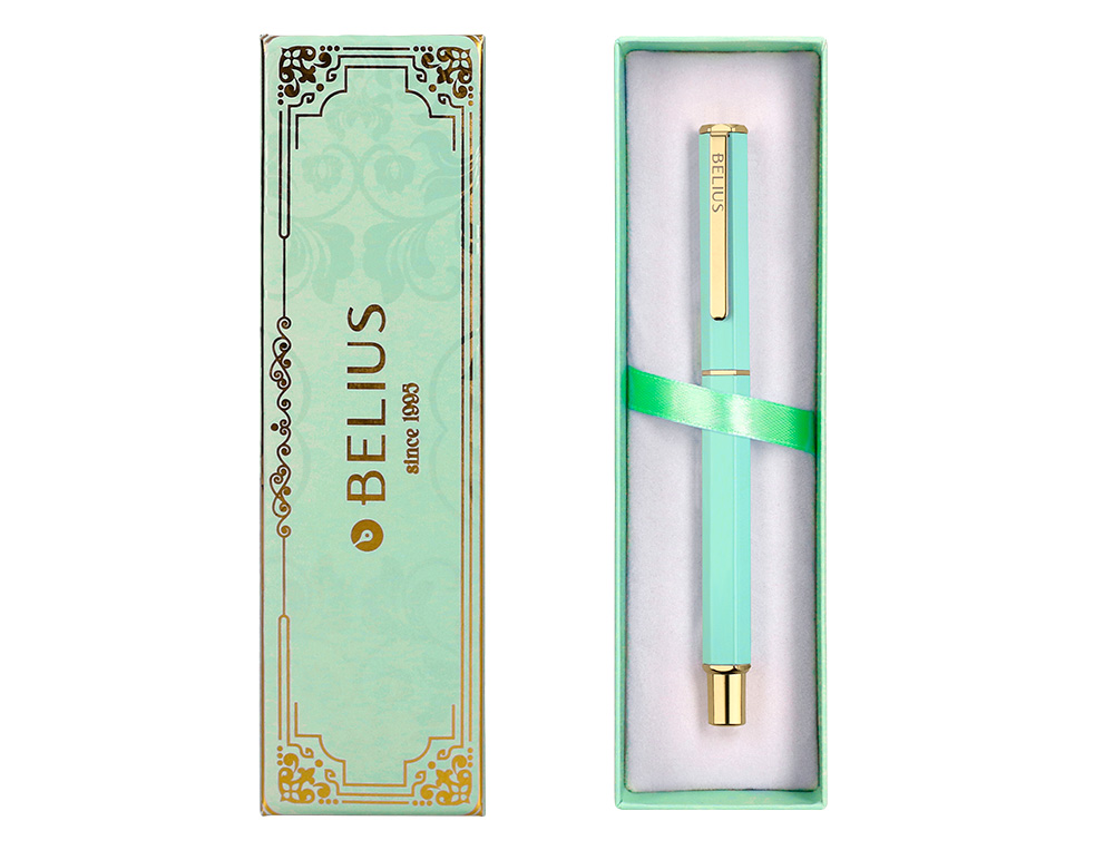 BOLIGRAFO BELIUS MACARON BLISS FORMA HEXAGONAL COLOR VERDE DORADO TINTA AZUL CAJA DE DISEO