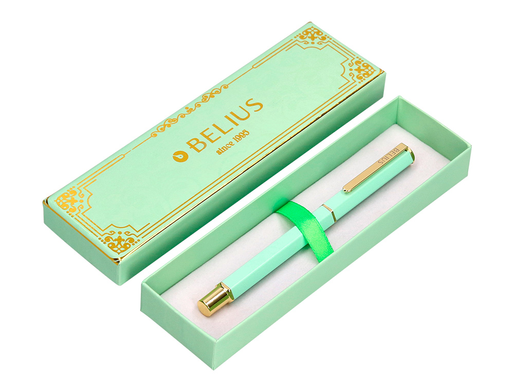 BOLIGRAFO BELIUS MACARON BLISS FORMA HEXAGONAL COLOR VERDE DORADO TINTA AZUL CAJA DE DISEO