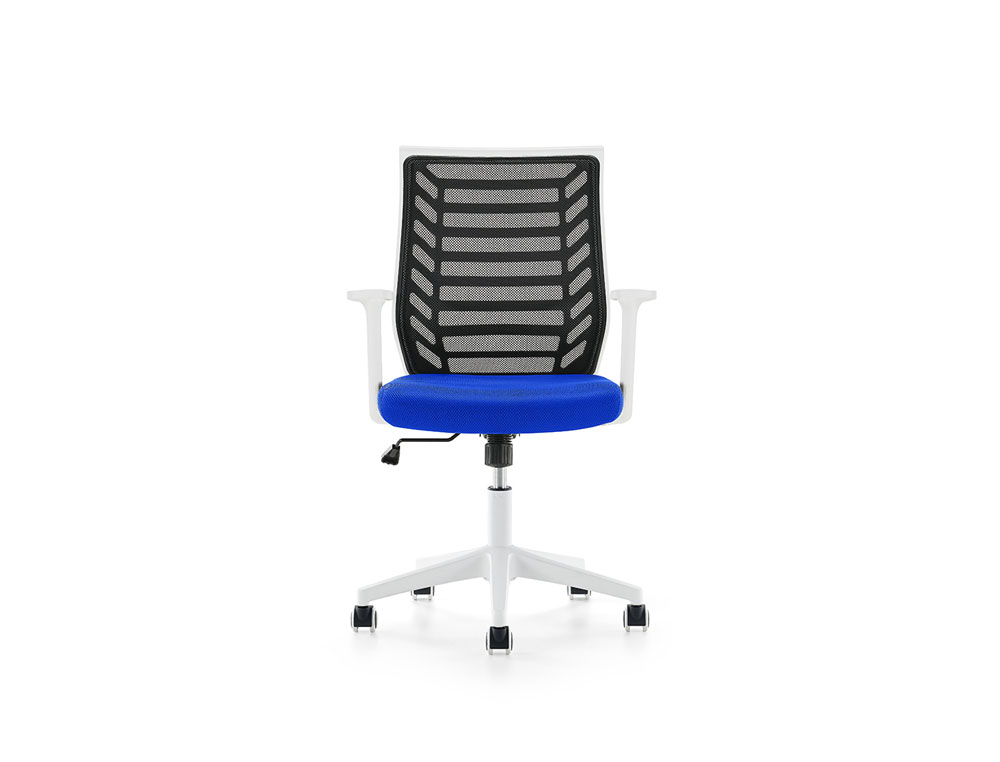 SILLA ROCADA DE OFICINA BRAZOS REGULABLES ESTRUCTURA BLANCA RESPALDO MALLA Y ASIENTO TELA IGNIFUGA NEGRO
