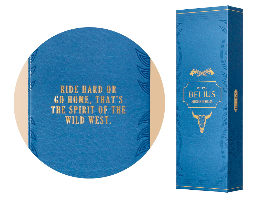ROLLER BELIUS WILD WEST ALUMINIO COLOR AZUL MARINO DORADO TINTA COLOR NEGRO CAJA DE DISEÑO