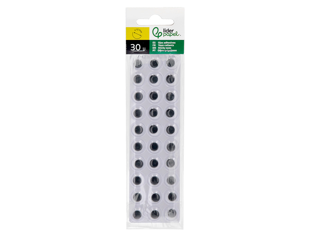 OJO ADHESIVO LIDERPAPEL 12 MM BLANCO CON PUPILA NEGRA PACK DE 30 UNIDADES