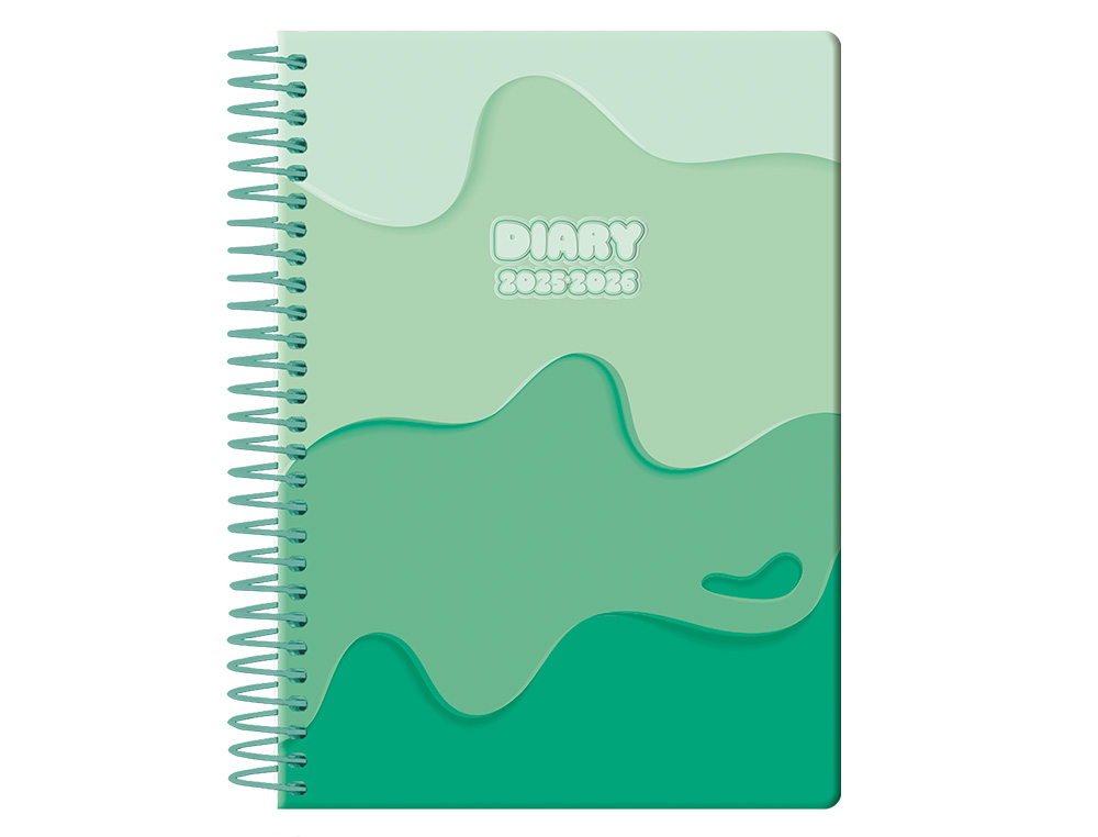 AGENDA ESCOLAR LIDERPAPEL 25-26 ESPIRAL MELTING VERDE DIA PAGINA A5 BILINGÜE PAPEL FSC 80 GR