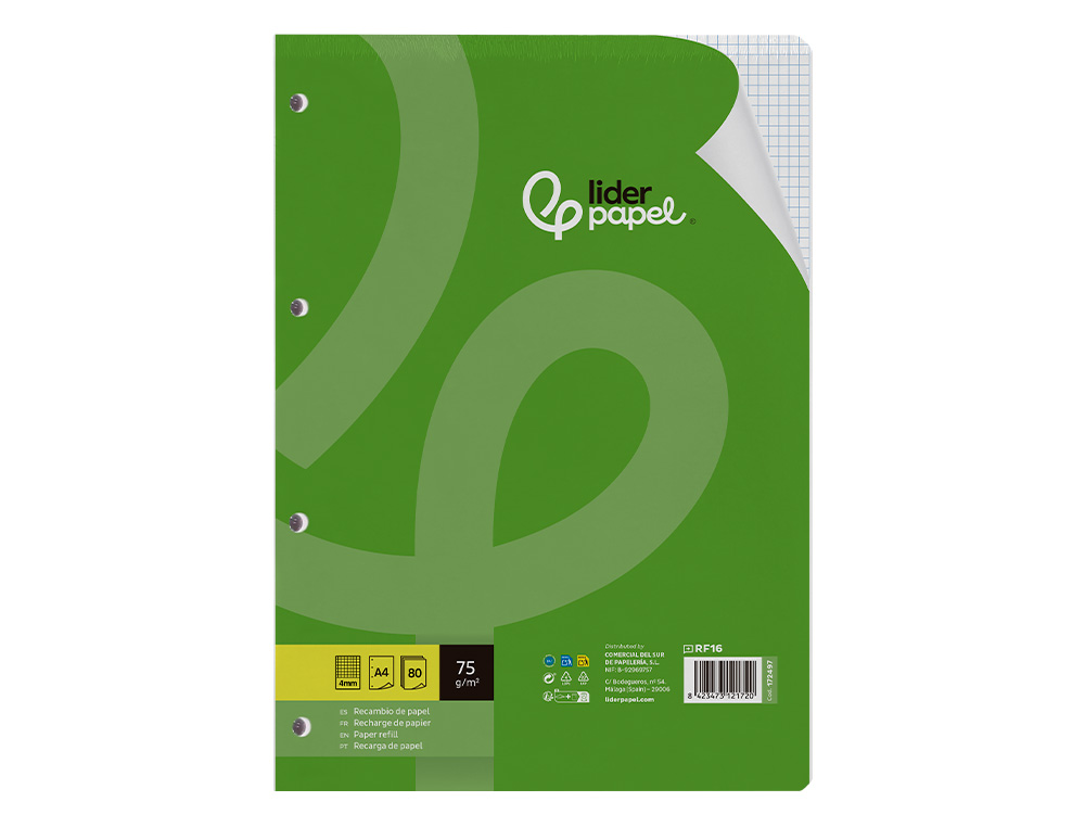 RECAMBIO LIDERPAPEL A4 80 HOJAS 75G/M2 CUADRO 4 MM CON MARGEN 4 TALADROS