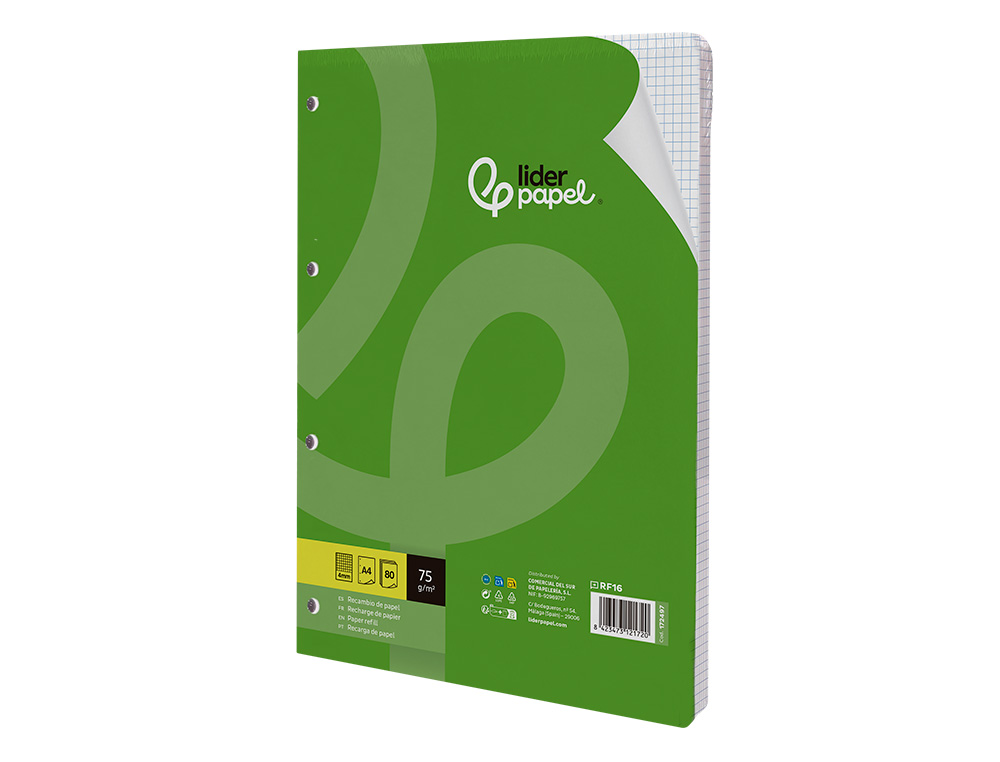 RECAMBIO LIDERPAPEL A4 80 HOJAS 75G/M2 CUADRO 4 MM CON MARGEN 4 TALADROS
