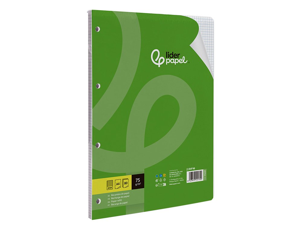 RECAMBIO LIDERPAPEL A4 80 HOJAS 75G/M2 CUADRO 4 MM CON MARGEN 4 TALADROS