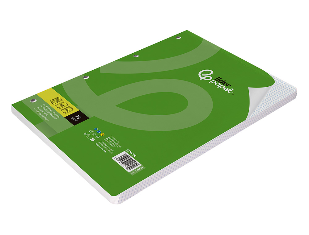 RECAMBIO LIDERPAPEL A4 80 HOJAS 75G/M2 CUADRO 4 MM CON MARGEN 4 TALADROS