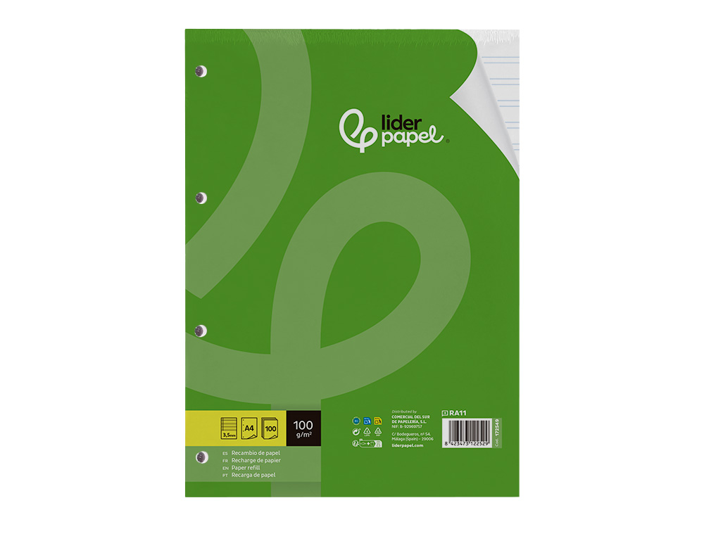 RECAMBIO LIDERPAPEL A4 100 HOJAS 100GR PAUTA 3,5MM CON MARGEN 4 TALADROS