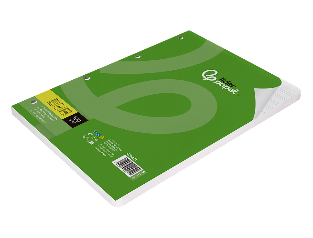 RECAMBIO LIDERPAPEL A4 100 HOJAS 100GR PAUTA 3,5MM CON MARGEN 4 TALADROS