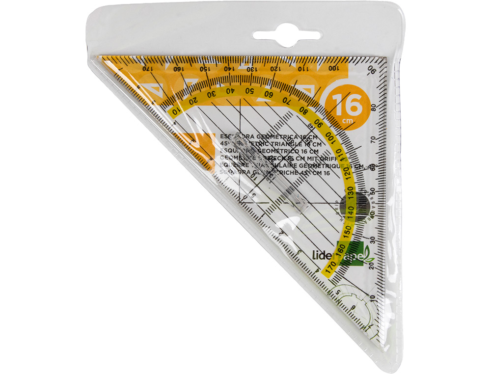 ESCUADRA LIDERPAPEL GEOMETRIA 16 CM PLASTICO CRISTAL CON PESTAÑA DE SUJECCION
