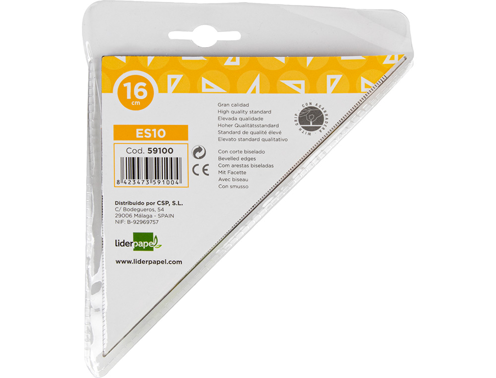 ESCUADRA LIDERPAPEL GEOMETRIA 16 CM PLASTICO CRISTAL CON PESTAÑA DE SUJECCION