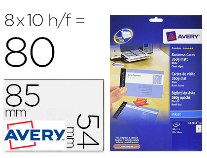 TARJETA DE VISITA AVERY BLANCA MATE 85X54 MM IMPRIMIBLE DOBLE CARA PARA INK-JET 260 GR PACK DE 80