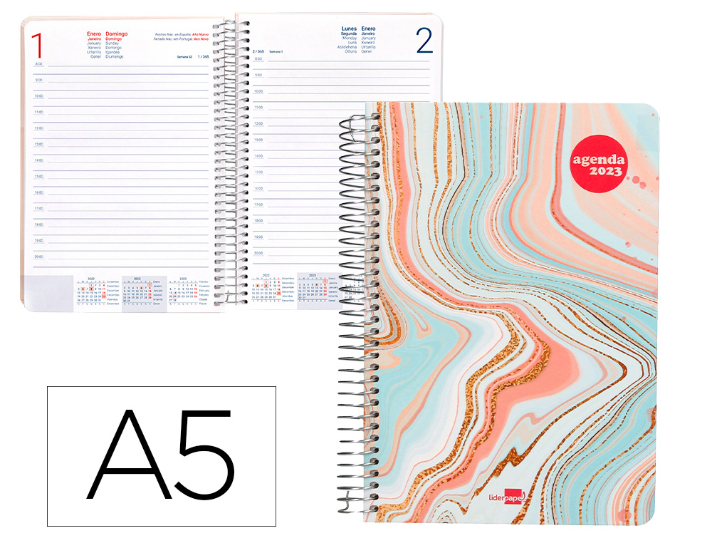 AGENDA ESPIRAL LIDERPAPEL SYROS 15X21 CM 2023 DIA PAGINA SIMPLE ESPIRAL COLOR ONDAS PAPEL 60GR