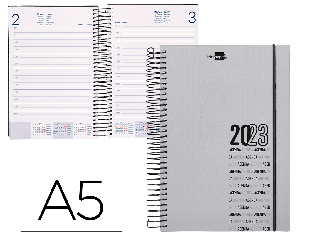 AGENDA ESPIRAL LIDERPAPEL OLBIA 15X21 CM 2023 DIA PAGINA TAPA POLIPROPILENO METALIZADO GRIS PAPEL 60 GR