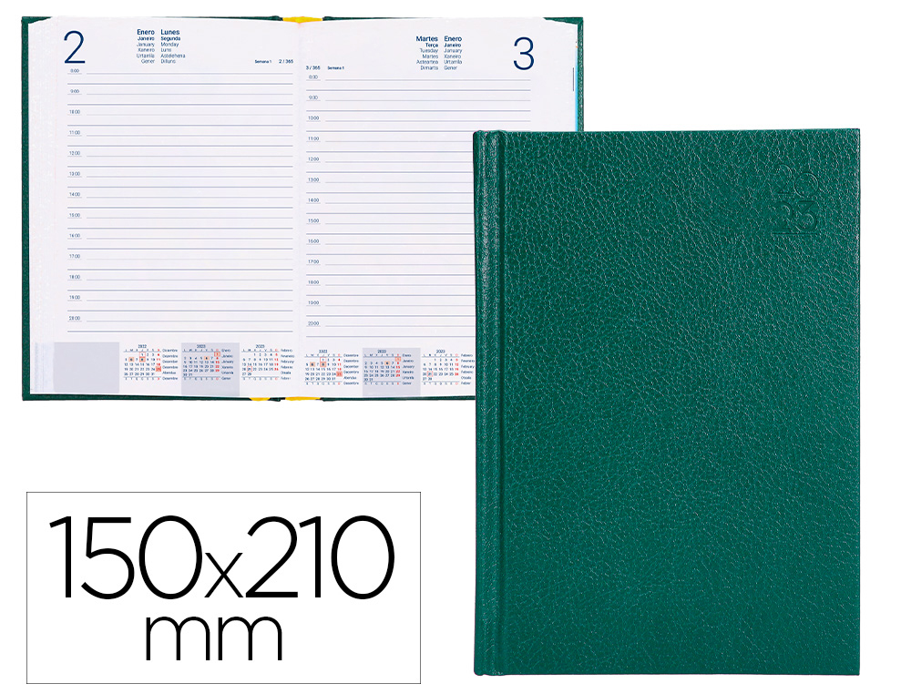 AGENDA ENCUADERNADA LIDERPAPEL CORFU 15X21 CM 2023 DIA PAGINA COLOR VERDE PAPEL 60 GR