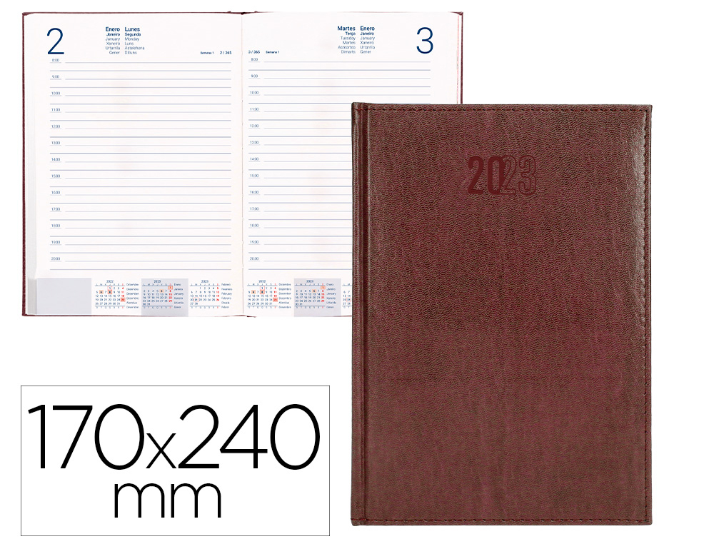 AGENDA ENCUADERNADA LIDERPAPEL CRETA 17X24 CM 2023 DIA PAGINA COLOR BURDEOS PAPEL 70 GR