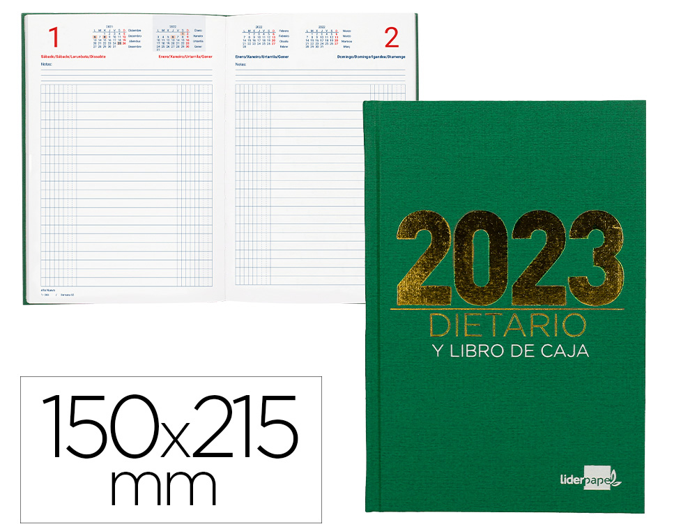 DIETARIO LIDERPAPEL 15X21,5 CM 2023 CUARTO PAPEL 70 GR COLOR VERDE