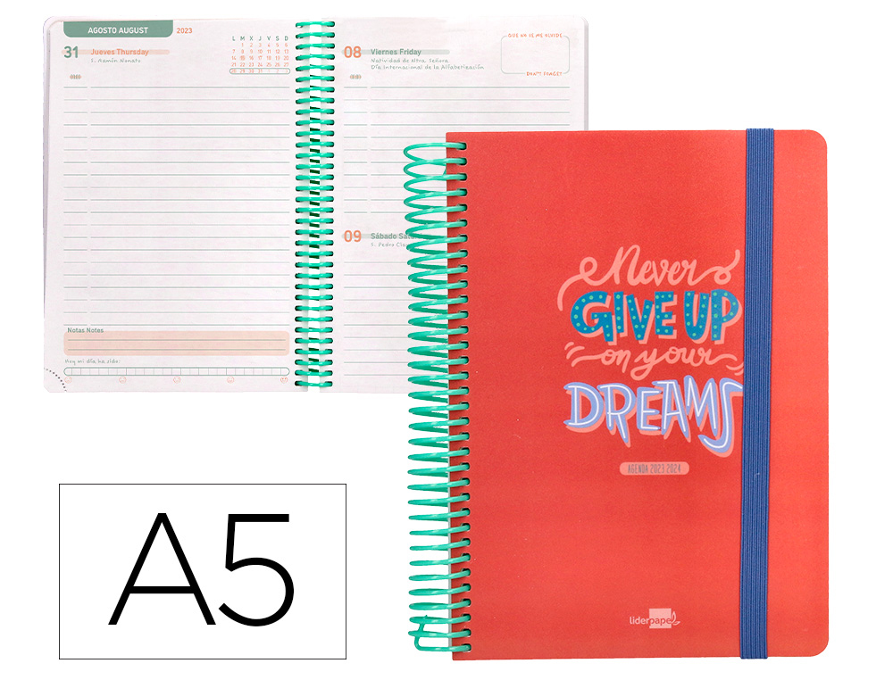 AGENDA ESCOLAR LIDERPAPEL CURSO 23-24 BASIC DIN A5 BILINGUE DIA PAGINA ESPIRAL TAPA POLIPROPILENO CORAL