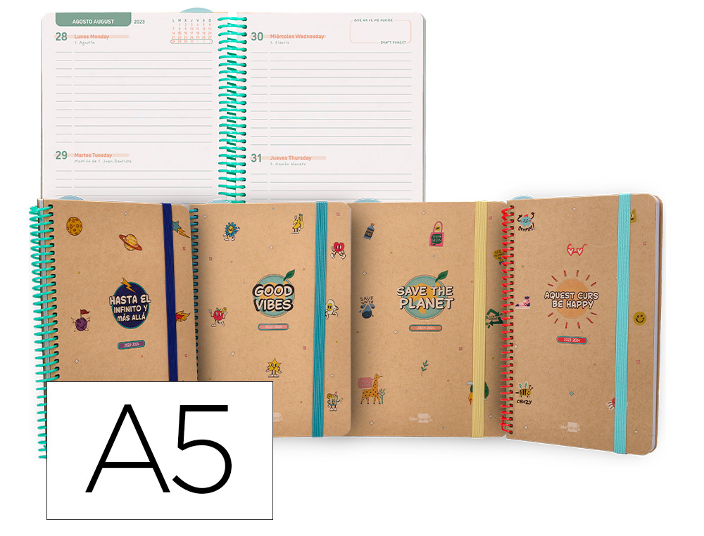 AGENDA ESCOLAR LIDERPAPEL CURSO 23-24 CLASSIC DIN A5 BILINGUE DOS DIA PAGINA ESPIRAL CIERRE CON GOMA. FSC