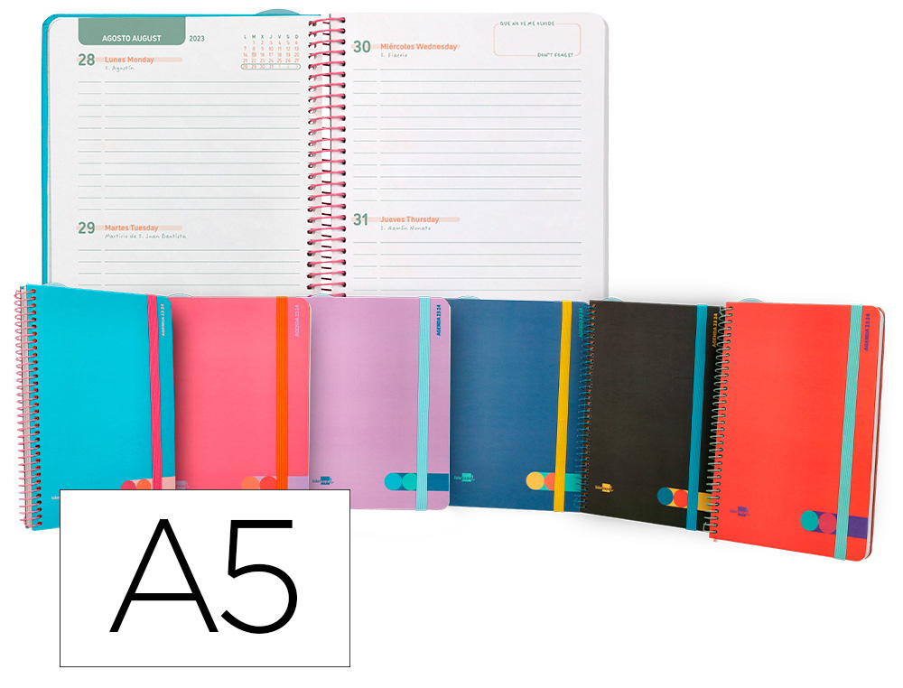 AGENDA ESCOLAR LIDERPAPEL CURSO 23-24 COLLEGE CLASSIC DIN A5 BILINGUE DOS DIAS PAGINA ESPIRAL CIERRE CON