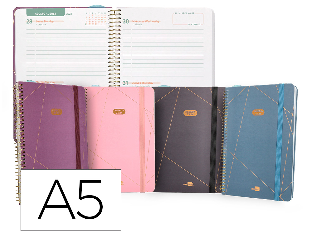 AGENDA ESCOLAR LIDERPAPEL CURSO 23-24 COLLEGE CLASSIC LINES DIN A5 BILINGUE DOS DIAS PAGINA CARTON FORRADO ESPIRAL